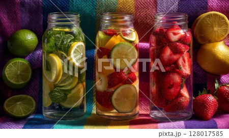 Colorful Fruit Infused Water in Mason Jars 128017585