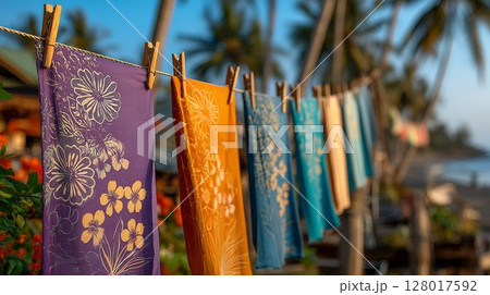 Colorful Fabrics Hanging on Clothesline at Tropical Beach 128017592