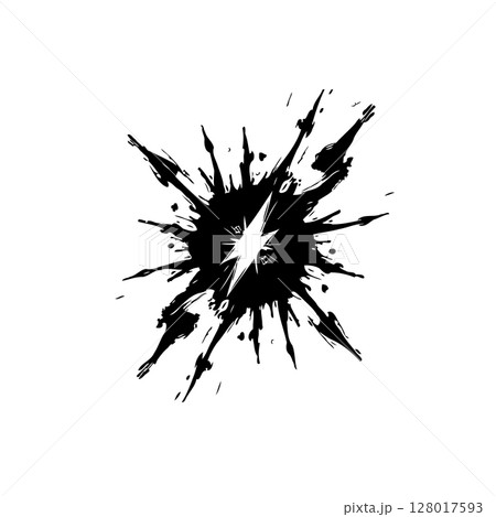 Abstract Black Ink Splash with a Central White Starburst Design Element 128017593