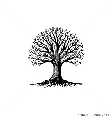 Aesthetic and Simple Black and White Tree with Roots Vector Illustration 128017613