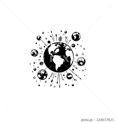 Conceptual Earth Illustration with Satellites, Stars, and Arrows in Black and White 128017621