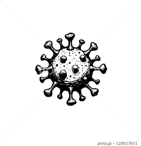 Detailed black and white hand drawn illustration of a coronavirus cell Detailed black and white hand drawn illustration of a coronavirus cell 128017631