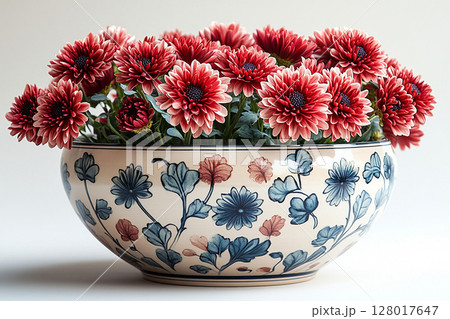 Potted beauty plant. Chrysanthemums bush with fleshy leaves and red flowers. Potted beauty plant. Chrysanthemums bush with fleshy leaves and red flowers. 128017647