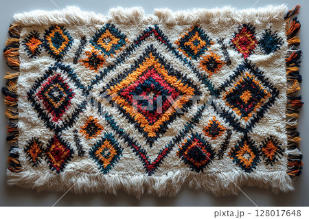 Handwoven rug texture with geometric print on a white background. Top view. Handwoven rug texture with geometric print on a white background. Top view. 128017648