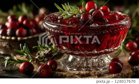 Cranberry Sauce in Glass Bowl with Rosemary 128017670