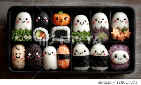 Halloween Bento Box with Cute Ghost Sushi and Rice Balls 128017673