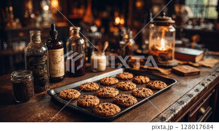Dark Moody Oatmeal Chocolate Chip Cookies on Rustic Wooden Table 128017684