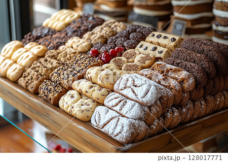 Variety of bakes, cookies and biscotti in on a wooden trading tray in cafe. 128017771