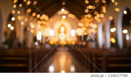 Beautifully lit church interior with decorations during a quiet evening service 128017790