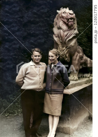 Vintage portrait of smiling and happy man and woman. Retro photo 1961. 128017795
