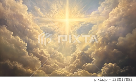 A radiant cross shines brightly in the sky, symbolizing resurrection and faith in Christianity 128017882