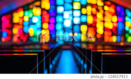 Vibrant stained glass illuminates the interior of a church during a calm afternoon service 128017913