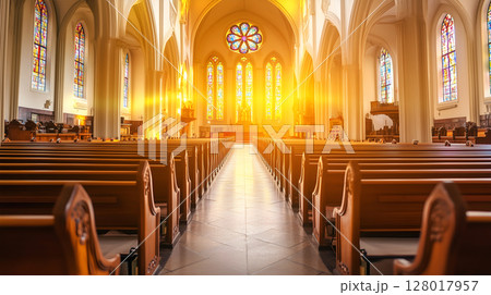 Morning sunlight streams through stained glass, lighting up an empty church interior 128017957