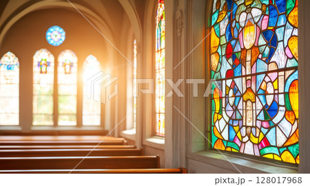 Beautiful stained glass windows illuminated by sunset light in a tranquil church setting 128017968