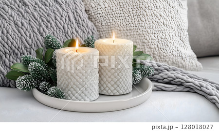 Cozy winter decorations with candles and soft textures for a festive atmosphere 128018027