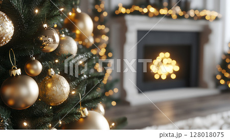 Cozy Christmas decorations featuring a beautifully adorned tree and a warmly lit fireplace 128018075