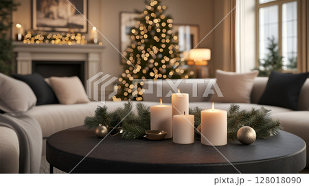 Cozy living room adorned with candles and a beautifully lit Christmas tree for the season 128018090
