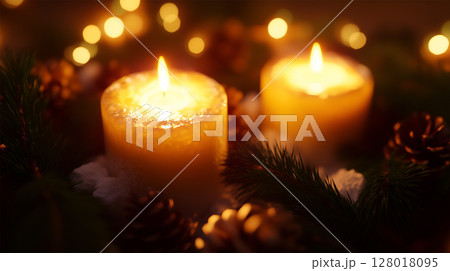 Cozy winter evening with glowing candles and festive decorations for Christmas and New Year 128018095