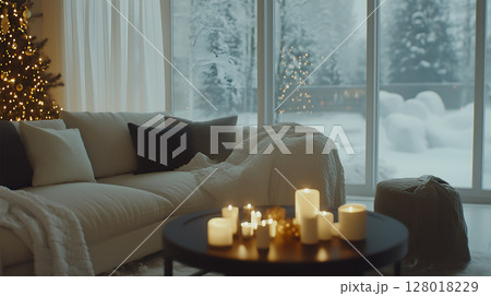 Cozy winter interior decorated for Christmas with a view of snow-covered trees outside Cozy winter interior decorated for Christmas with a view of snow-covered trees outside 128018229