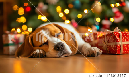 A beagle relaxing by the beautifully decorated Christmas tree surrounded by festive gifts 128018357