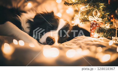 A cozy Border Collie sleeping peacefully by the Christmas tree with festive lights at home 128018367