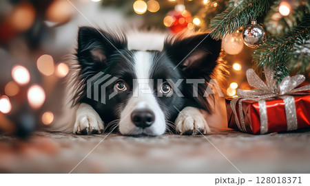 Border Collie resting by the Christmas tree with decorations and gifts during the holiday season 128018371