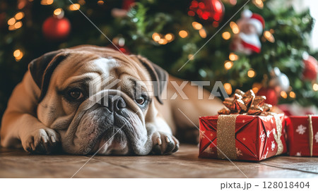 A bulldog rests under a Christmas tree, surrounded by presents 128018404