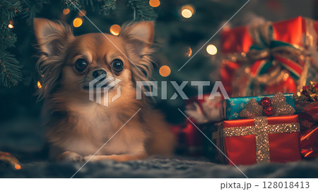 A small chihuahua sits beneath a Christmas tree, surrounded by presents 128018413