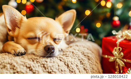 A small chihuahua sleeps peacefully near a Christmas tree 128018422