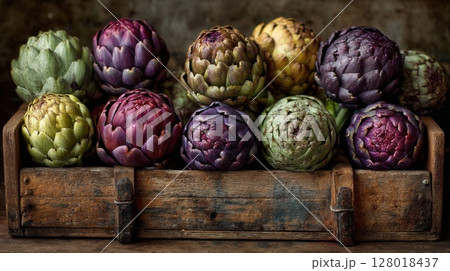 Colorful Artichokes in Rustic Wooden Box 128018437