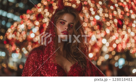 Woman in Red Sequin Devil Costume at Night with Bokeh Lights 128018481