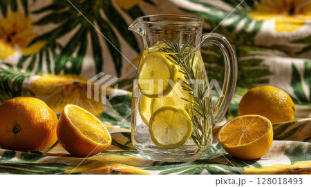 Refreshing Lemon and Orange Infused Water Pitcher 128018493
