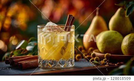 Spiced Pear Cocktail with Cinnamon and Ice 128018509