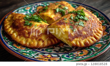 Golden Brown Cheese Empanadas on Ornate Plate 128018528