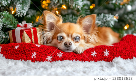 A small Chihuahua rests under a Christmas tree with a gift nearby 128018618