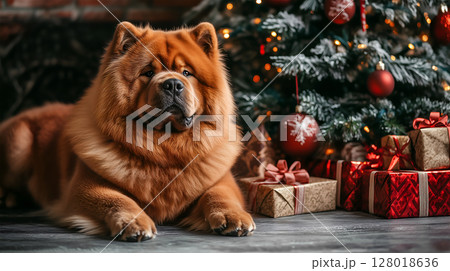 Chow chow dog relaxing beside a beautifully decorated Christmas tree with presents 128018636