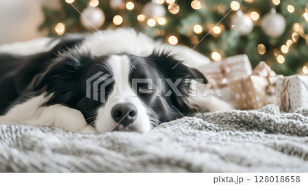 A collie peacefully sleeping beside a decorated Christmas tree in a cozy living room A collie peacefully sleeping beside a decorated Christmas tree in a cozy living room 128018658