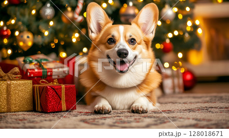 Corgi relaxing beside a festive Christmas tree with presents under its branches 128018671