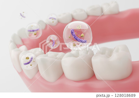 歯磨きで菌を洗浄する口腔ケアのコンセプトCGイラスト 歯磨きで菌を洗浄する口腔ケアのコンセプトCGイラスト 128018689