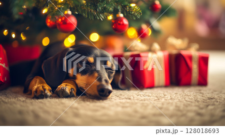 A cozy dachshund relaxing under the Christmas tree surrounded by festive decorations A cozy dachshund relaxing under the Christmas tree surrounded by festive decorations 128018693