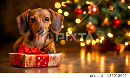 Dachshund resting on a wrapped gift in front of a beautifully decorated Christmas tree 128018695