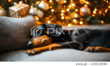 Dachshund sleeping peacefully on a couch near a beautifully decorated Christmas tree Dachshund sleeping peacefully on a couch near a beautifully decorated Christmas tree 128018696