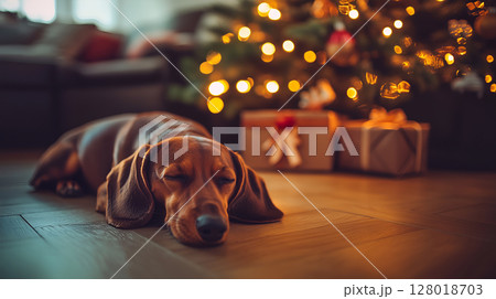 Dachshund resting peacefully near a beautifully decorated Christmas tree with presents 128018703