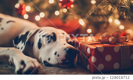 Dalmatian dog relaxing by the Christmas tree with festive presents nearby 128018712