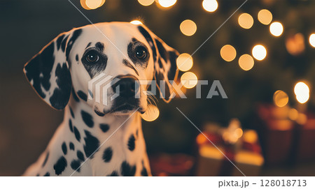 Dalmatian dog sitting beside a beautifully decorated Christmas tree with glowing lights and gifts 128018713