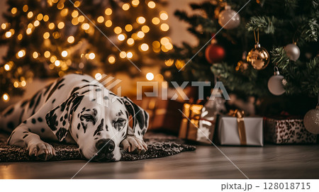 Dalmatian resting peacefully beside beautifully decorated Christmas trees with lights and gifts 128018715