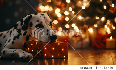 Dalmatian rests beside beautifully decorated Christmas tree and gifts during festive season 128018716