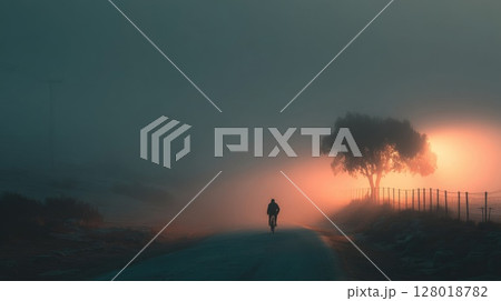 Solitary Figure Walking on a Foggy Road at Sunset 128018782