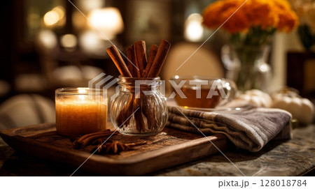Warm Autumnal Still Life with Cinnamon Sticks and Tea 128018784