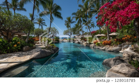Lush Tropical Resort Pool with Palm Trees and Flowers 128018785